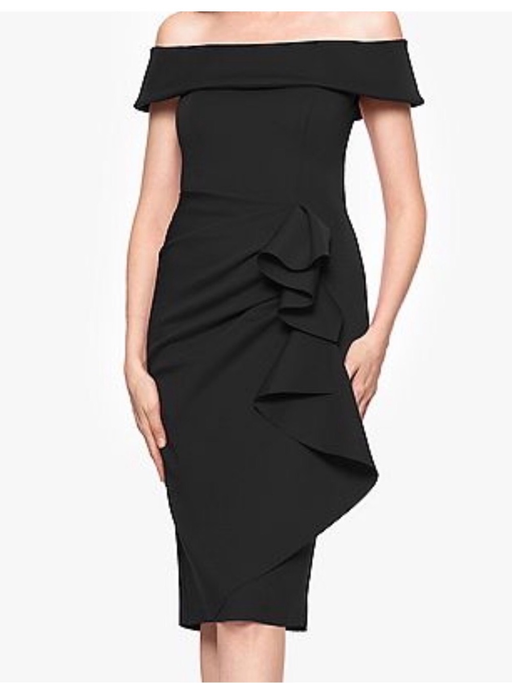 X Evenings Black off -Shoulder with side ruffle Sheath Dress